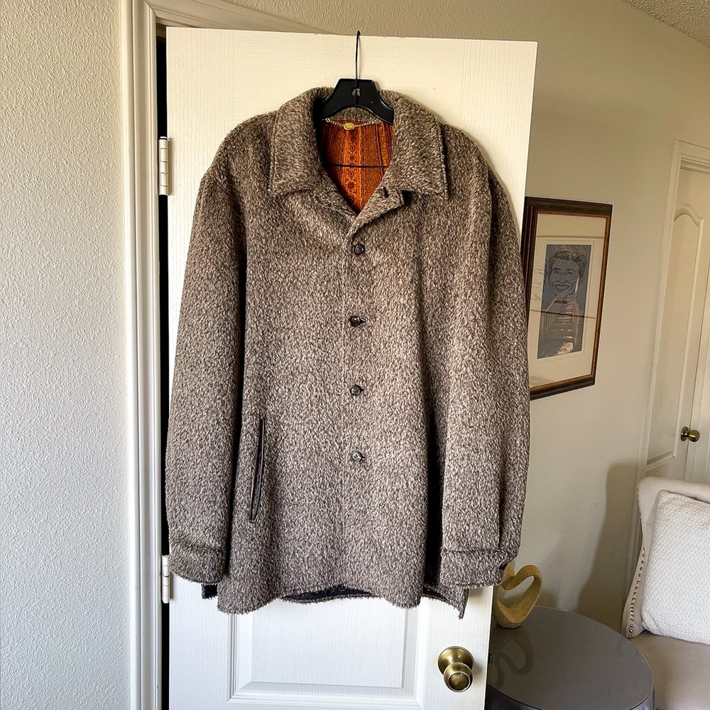 Hettabretz Baby Alpaca Coat Leather Silk Textured Button Front Brown 52 EUC